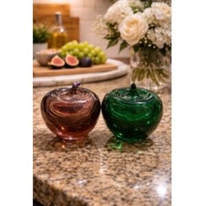 Vintage MCM Pair of Hand Blown Art Glass Green Purple 4” Weighed Decor Apples